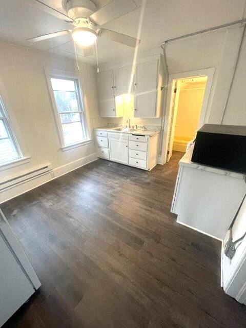 interior space featuring sink, dark wood-type flooring, ceiling fan, and a baseboard heating unit