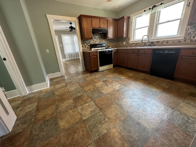 kitchen with tasteful backsplash, black dishwasher, sink, and range with gas cooktop