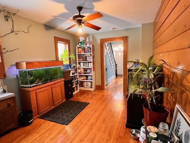 office area featuring ceiling fan and light wood-type flooring