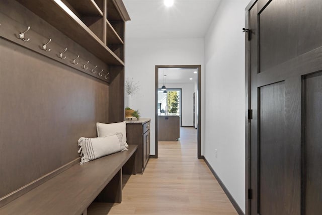 mudroom with light hardwood / wood-style floors