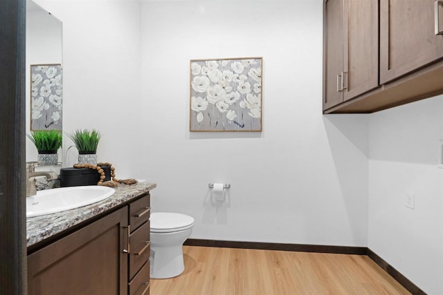 bathroom featuring vanity, toilet, and hardwood / wood-style floors