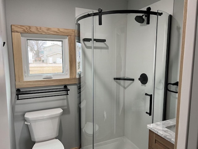 bathroom with vanity, a shower with door, and toilet