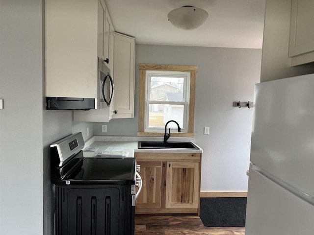 kitchen with stainless steel appliances, sink, and dark hardwood / wood-style flooring