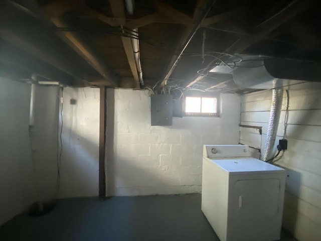 basement featuring electric panel and washer / dryer