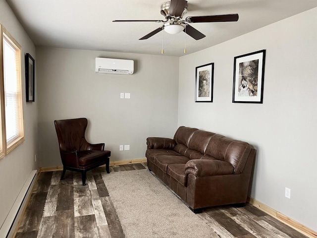 living room with a healthy amount of sunlight, a baseboard heating unit, a wall mounted air conditioner, and dark wood-type flooring