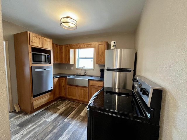 kitchen with dark hardwood / wood-style flooring, sink, and stainless steel appliances