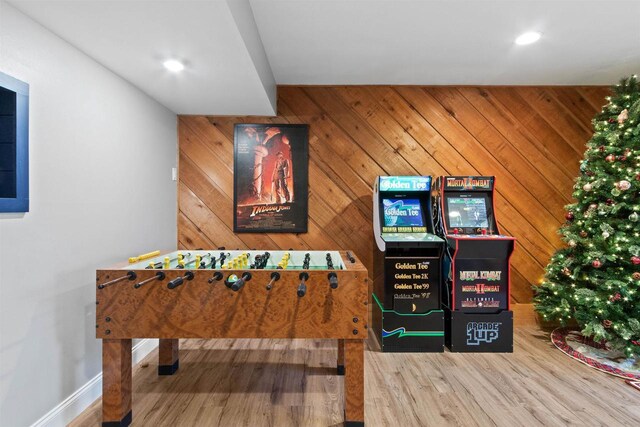 865 Richmond Way, Nekoosa, WI 54457 - game room featuring wood finished floors, wooden walls, recessed lighting, and baseboards
