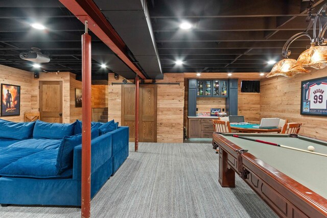 865 Richmond Way, Nekoosa, WI 54457 - rec room with wood walls, carpet, bar area, and billiards table