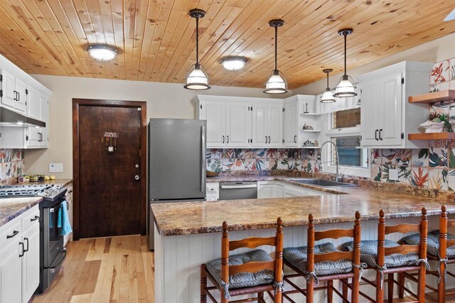 865 Richmond Way, Nekoosa, WI 54457 - kitchen with open shelves, stainless steel appliances, a sink, a peninsula, and backsplash