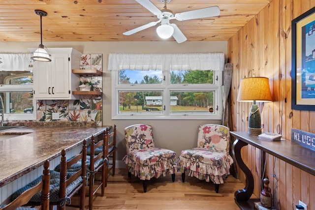 865 Richmond Way, Nekoosa, WI 54457 - living area with light wood finished floors, wood ceiling, ceiling fan, and wooden walls