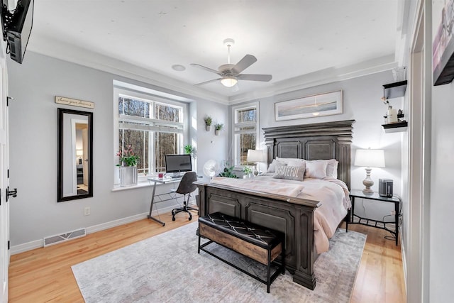 bedroom featuring ceiling fan and light wood-type flooring