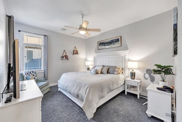 bedroom featuring ceiling fan and dark carpet