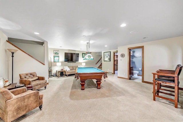 recreation room featuring light colored carpet and billiards