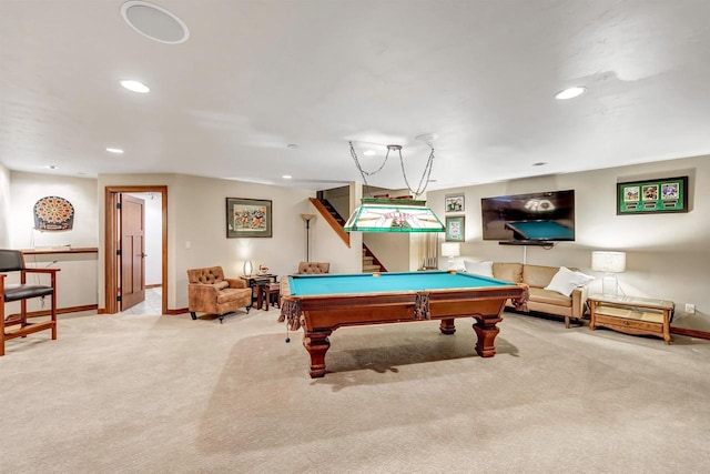 game room with light colored carpet and pool table