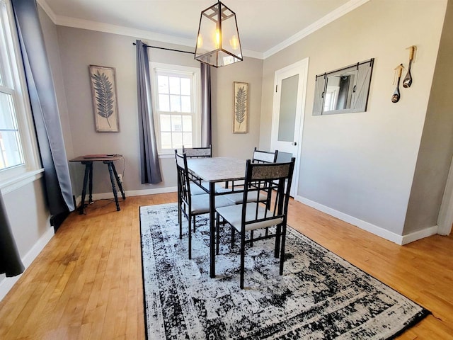 dining area featuring crown molding and light hardwood / wood-style flooring