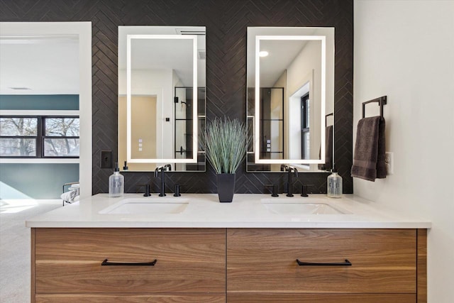 bathroom with tasteful backsplash and vanity