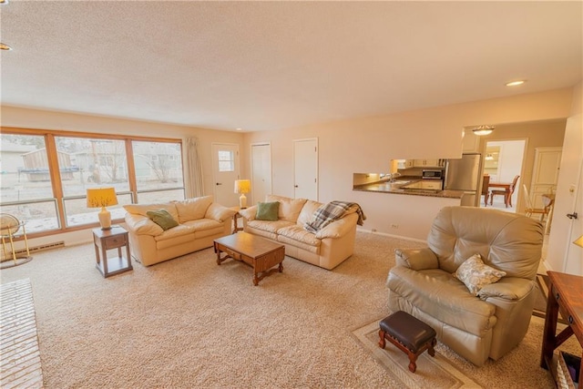 carpeted living room featuring a textured ceiling