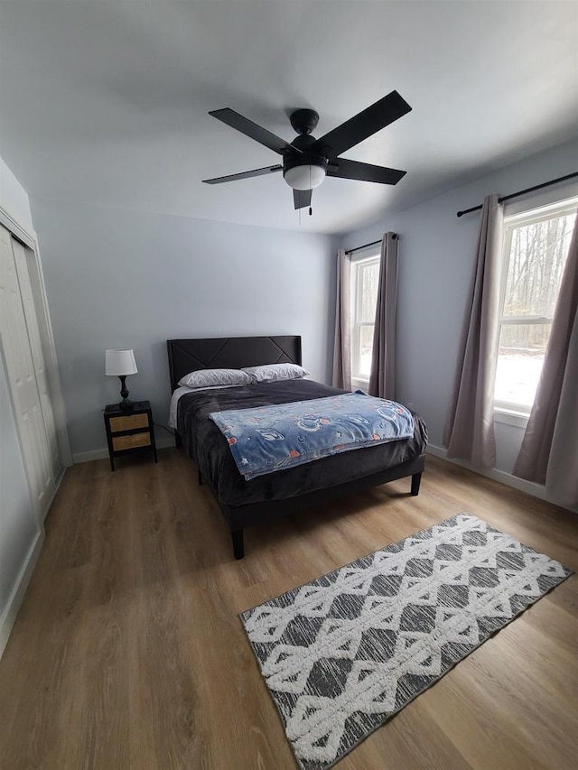 bedroom featuring ceiling fan, hardwood / wood-style floors, and a closet