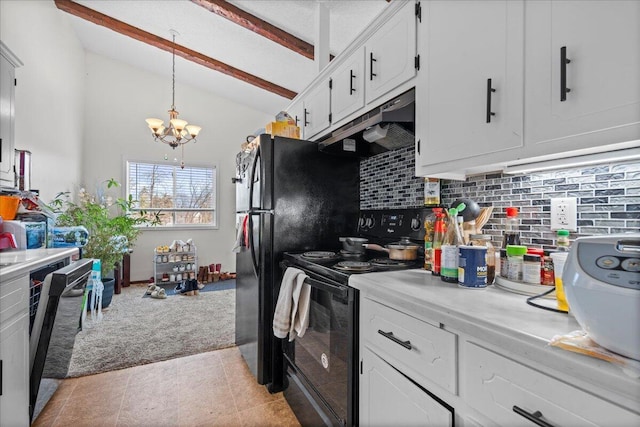 kitchen with pendant lighting, white cabinetry, vaulted ceiling with beams, electric range, and light carpet