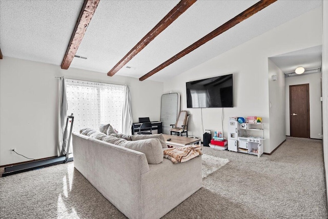 carpeted living room featuring lofted ceiling with beams and a textured ceiling