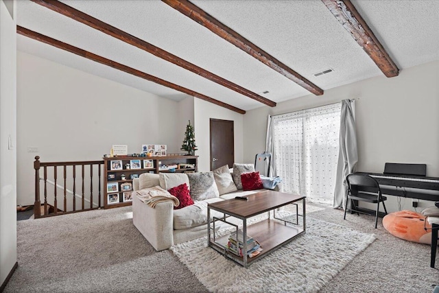 living room with lofted ceiling with beams, carpet, and a textured ceiling