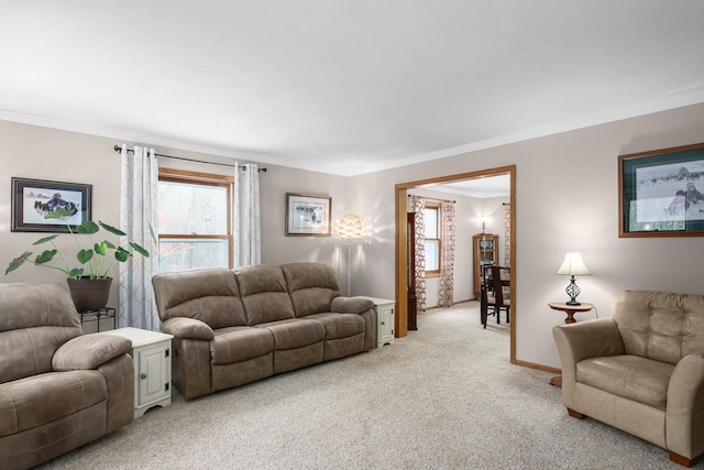 carpeted living room featuring crown molding