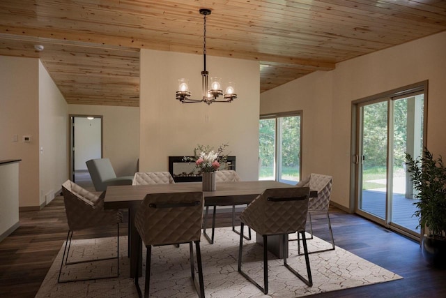 dining space featuring an inviting chandelier, wood ceiling, vaulted ceiling, and dark hardwood / wood-style floors