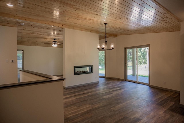 unfurnished living room featuring lofted ceiling, wood ceiling, and dark wood-type flooring