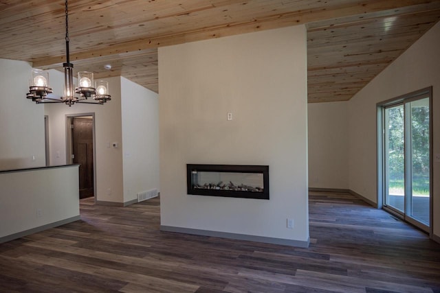 unfurnished living room featuring wood ceiling, dark hardwood / wood-style floors, high vaulted ceiling, and a notable chandelier