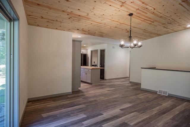 spare room with wood ceiling, dark hardwood / wood-style floors, and a chandelier