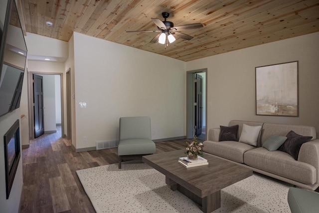 living room with wood ceiling, ceiling fan, and dark wood-type flooring