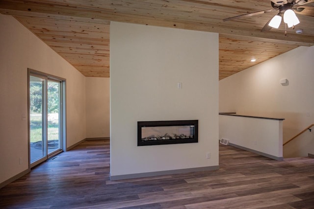 unfurnished living room with wood ceiling, ceiling fan, dark hardwood / wood-style floors, and high vaulted ceiling