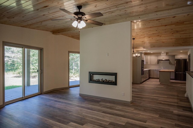 unfurnished living room featuring dark hardwood / wood-style flooring, high vaulted ceiling, ceiling fan with notable chandelier, and wood ceiling