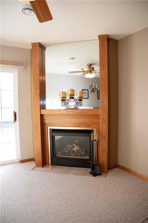 details with carpet floors and ceiling fan