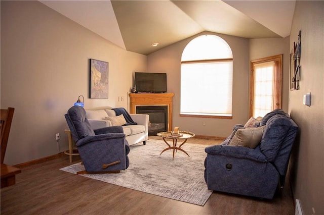 living room featuring vaulted ceiling and hardwood / wood-style floors