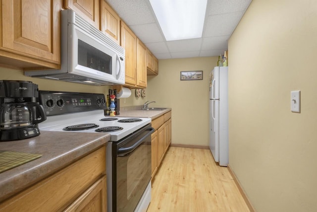 kitchen with light hardwood / wood-style floors, white appliances, a paneled ceiling, and sink