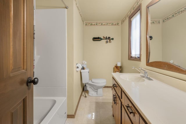 full bathroom with tile patterned flooring, vanity, toilet, and washtub / shower combination