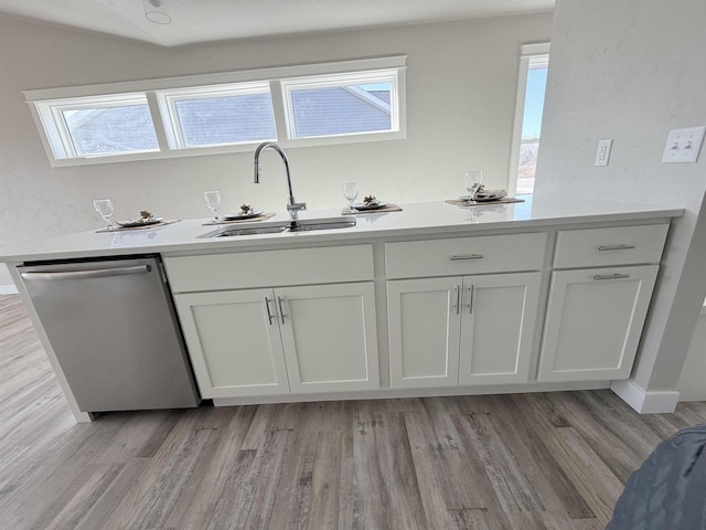 kitchen featuring sink, stainless steel dishwasher, light hardwood / wood-style floors, and white cabinets