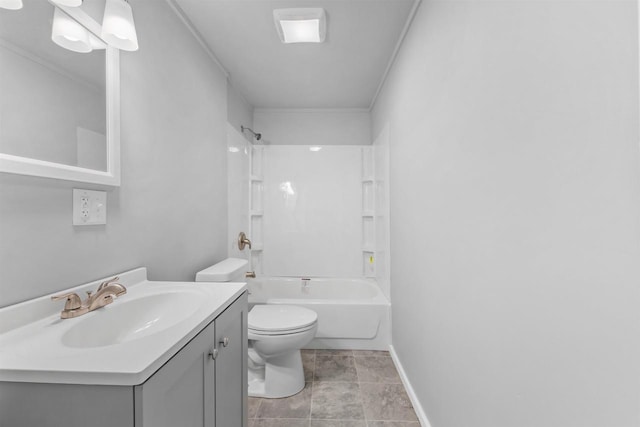 full bathroom with crown molding, vanity, toilet, and tub / shower combination