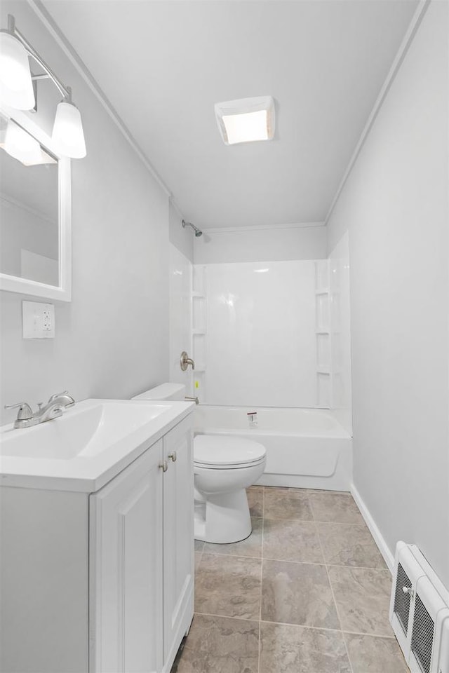 full bathroom featuring vanity, ornamental molding, shower / bathtub combination, and toilet