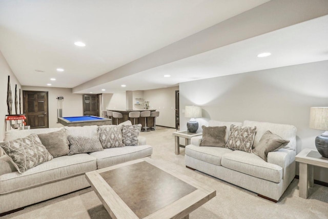 living room with light carpet and pool table