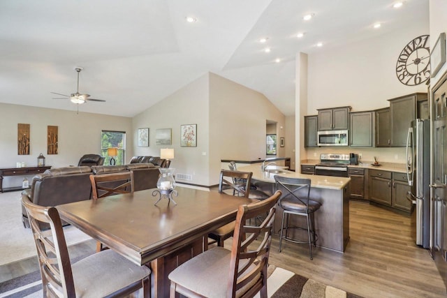 dining area with high vaulted ceiling, sink, hardwood / wood-style floors, and a wealth of natural light