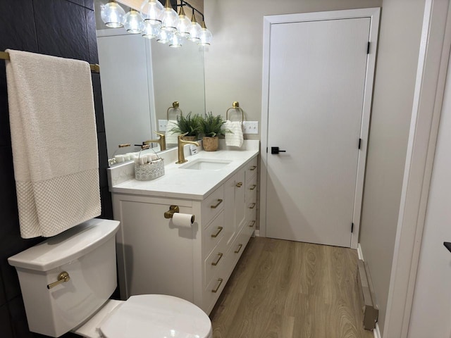 bathroom with vanity, hardwood / wood-style floors, and toilet