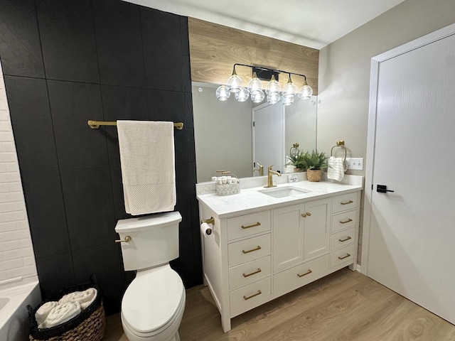 bathroom with vanity, wood-type flooring, and toilet