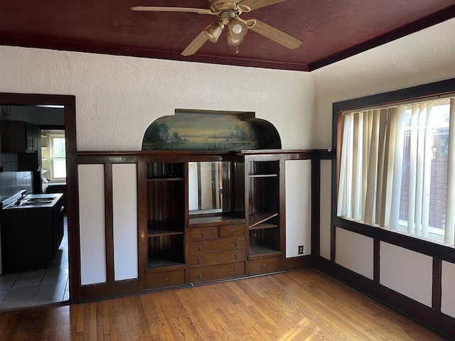 interior space featuring sink, ceiling fan, and light hardwood / wood-style flooring