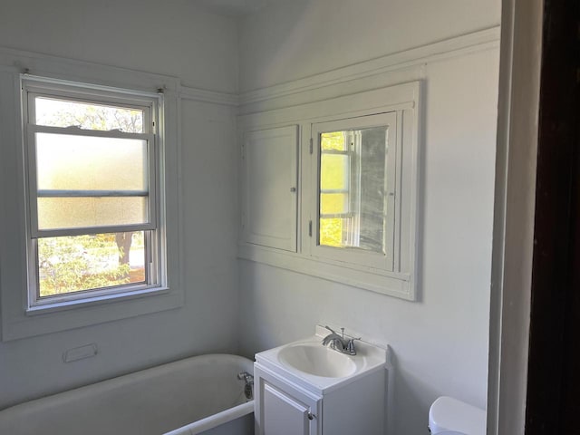 bathroom featuring vanity, a bathtub, and toilet