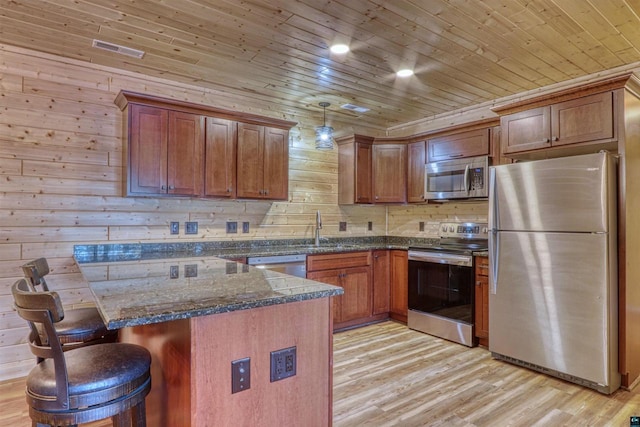 kitchen with a breakfast bar, sink, wood ceiling, light wood-type flooring, and appliances with stainless steel finishes