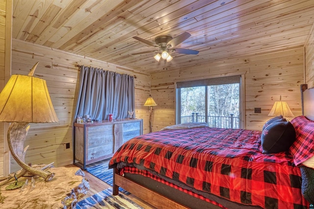 bedroom with wooden walls, wooden ceiling, and wood-type flooring