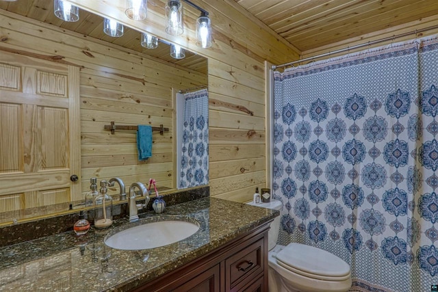 bathroom featuring vanity, wooden walls, wood ceiling, and toilet