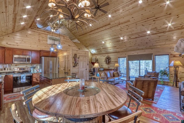 dining area featuring wood ceiling, wooden walls, high vaulted ceiling, and dark wood-type flooring